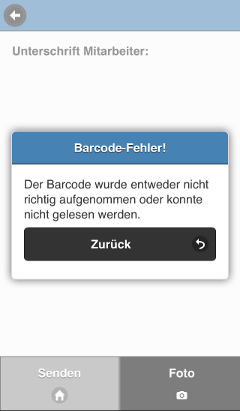 Screenshot der App: Fehlermeldung wegen mangelnder Aufnahmequalität und dadurch verursachte Probleme mit der Erkennung des Barcodes