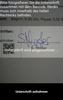 Screenshot der App: Aufnahme der Unterschrift des Mitarbeiters