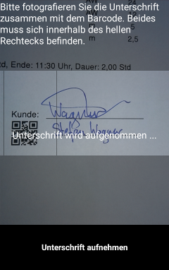 Screenshot der App: Aufnahme der Unterschrift des Kunden