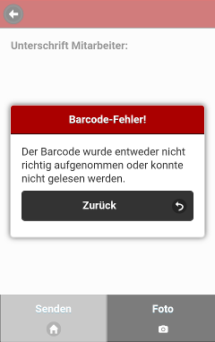 Screenshot der App: Fehlermeldung wegen mangelnder Aufnahmequalität und dadurch verursachte Probleme mit der Erkennung des Barcodes