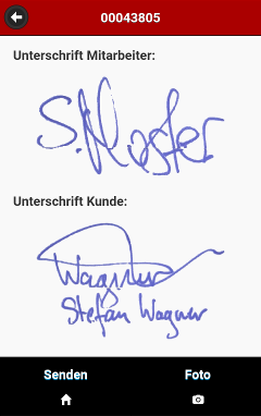 Screenshot der App: ANzeige der Unterschrift des Kunden auf der Abeitsfläche